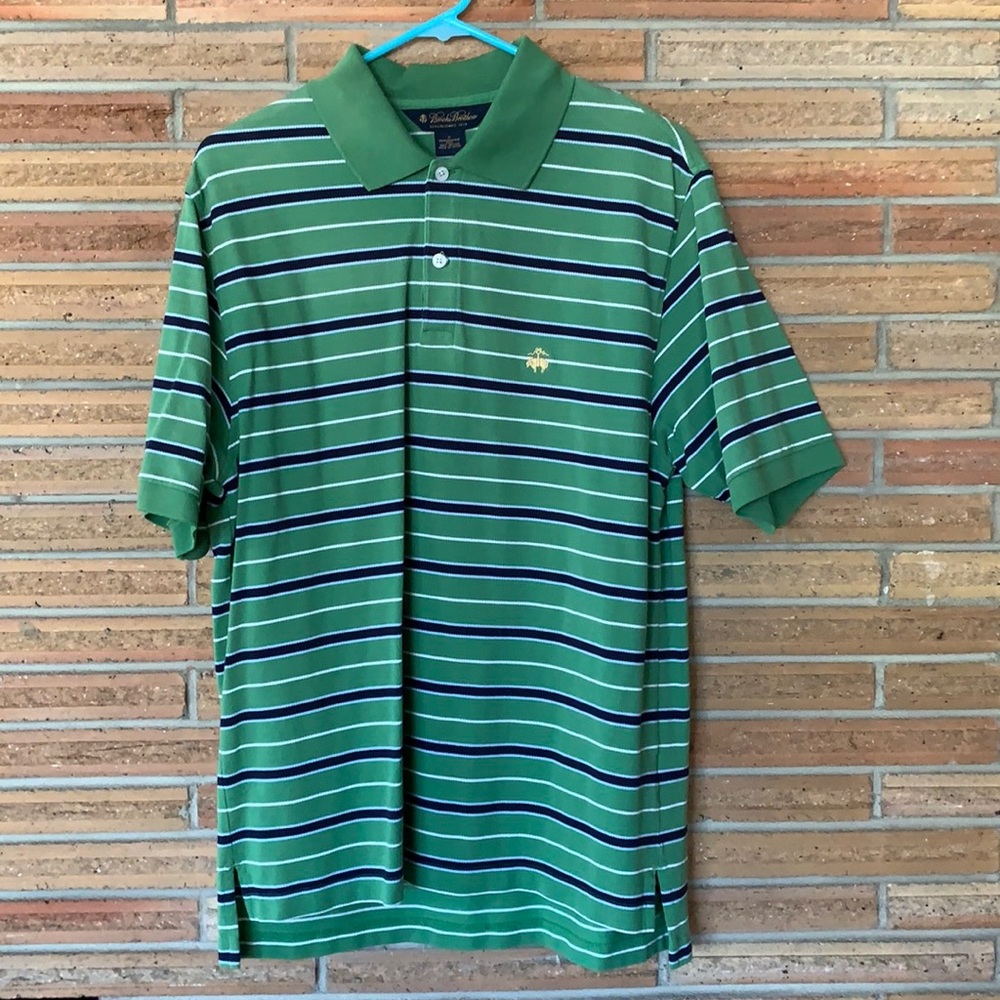 Men’s medium striped Brooks Brothers performance polo style shirt.